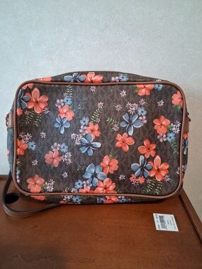 Michael Kors Brown Floral Crossbody with Coral & Blue Blossoms
